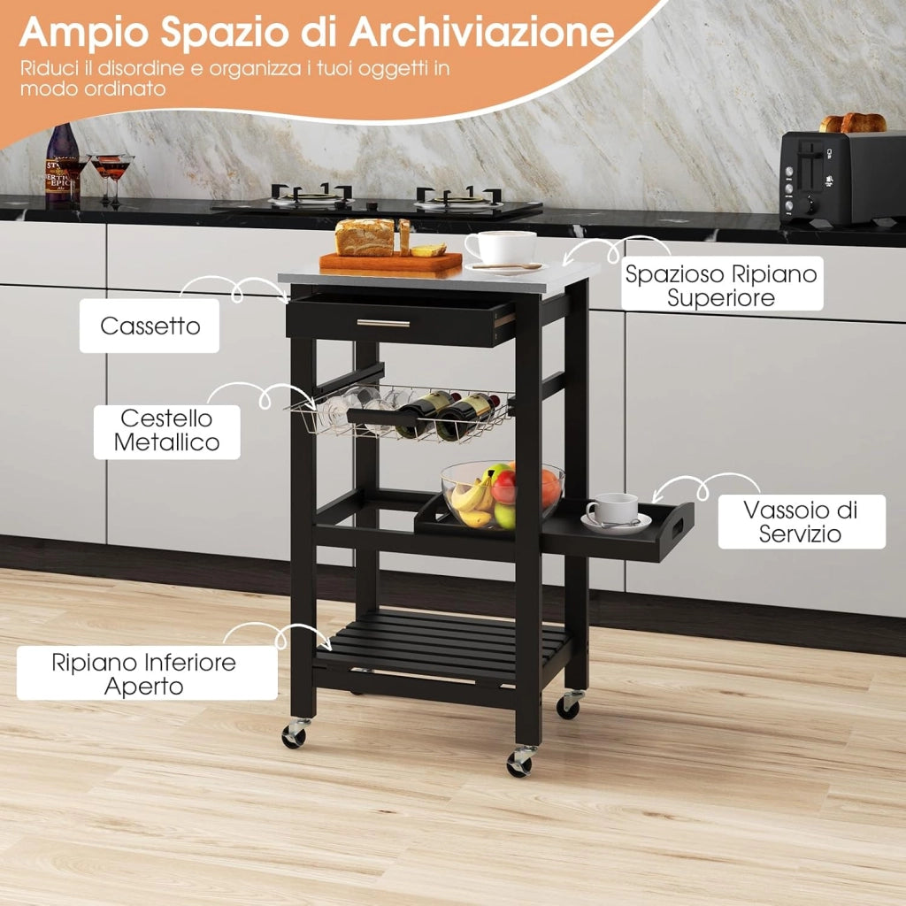 Carrello da Cucina a 4 Livelli, Isola da Cucina con Piano in Acciaio Inox, Cestino in Rete e Vassoio di Servizio Rimovibile, Carrello Bar per Cucina e Sala da Pranzo, 47x39x85 cm (Nero)