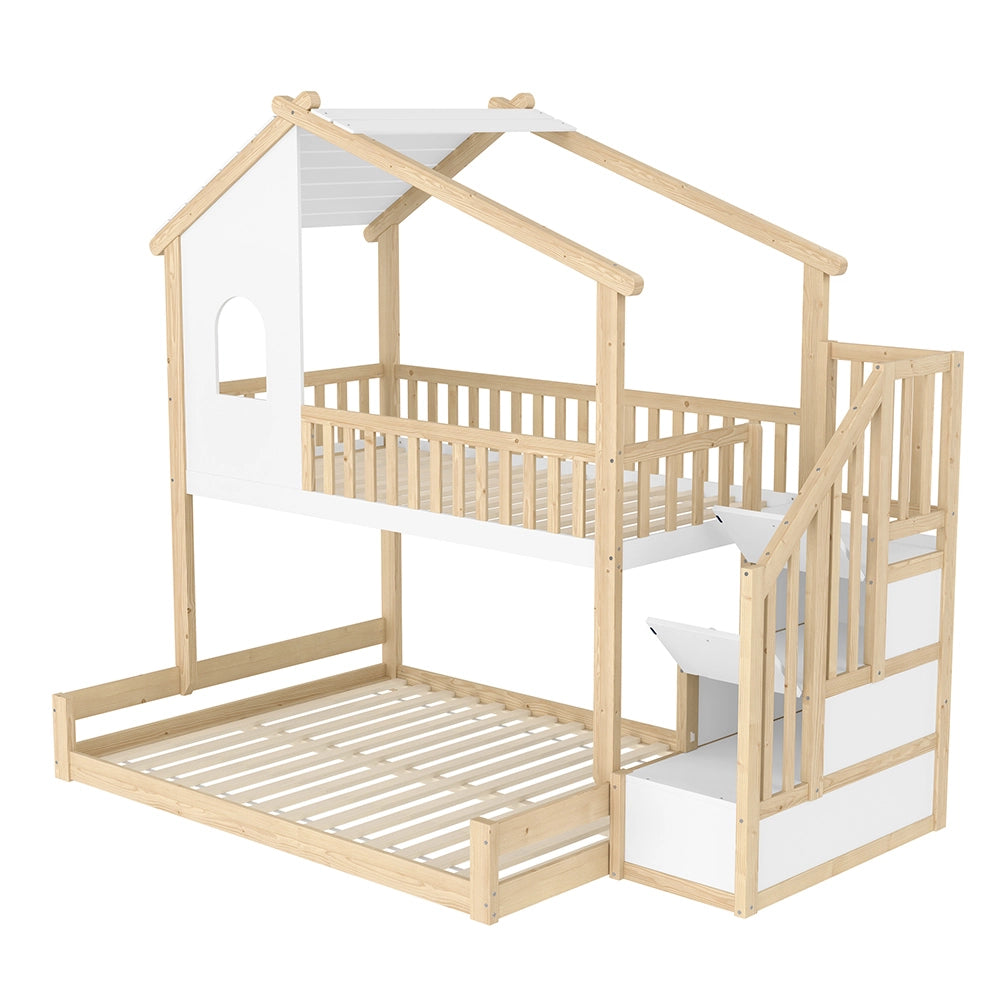 Letto a castello 90+140x200cm - Xylo - naturale/bianco, scala-ripiano, finestra