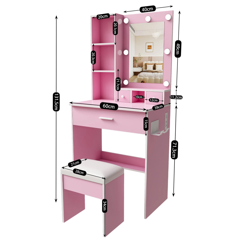 Set toeletta compatto con specchio LED dimmerabile, presa integrata, supporto phon e sgabello imbottito