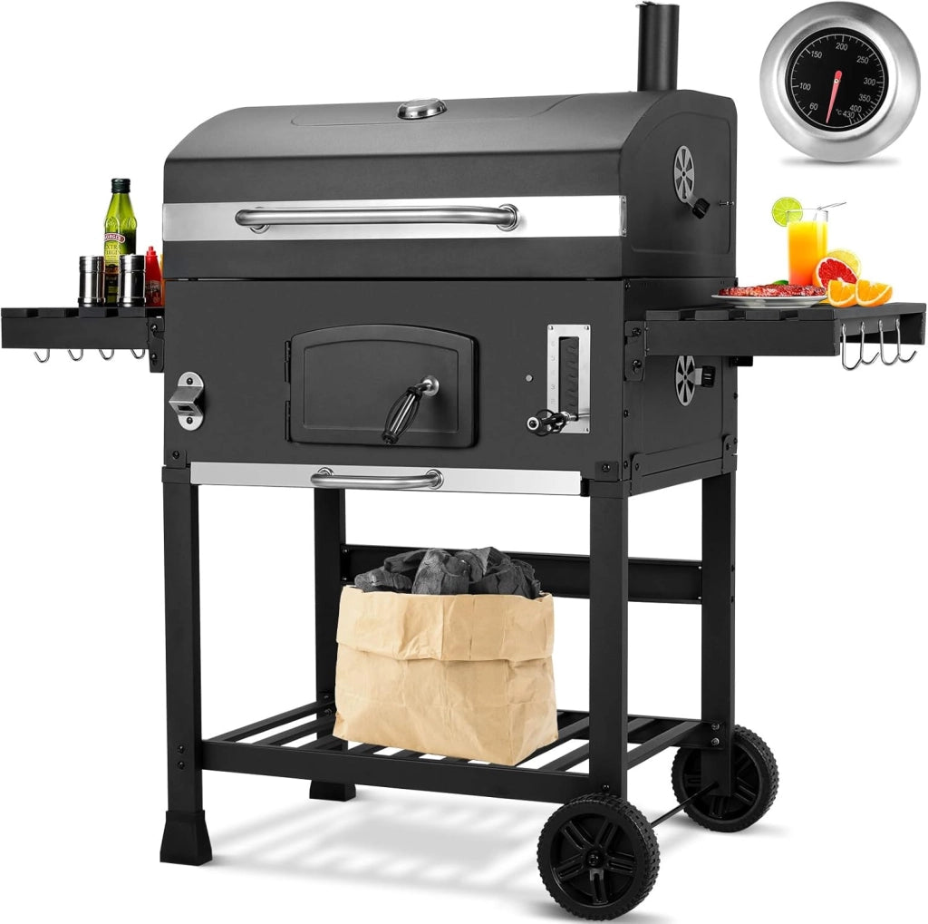 Grande Barbecue Carbonella XXL, BBQ Smoker con Camino e Coperchio, Griglia per Barbecue con 2PCS Ruote, Termometro, Altezza Regolabile, BBQ Carbonella per Giardino, 138x155x61 cm