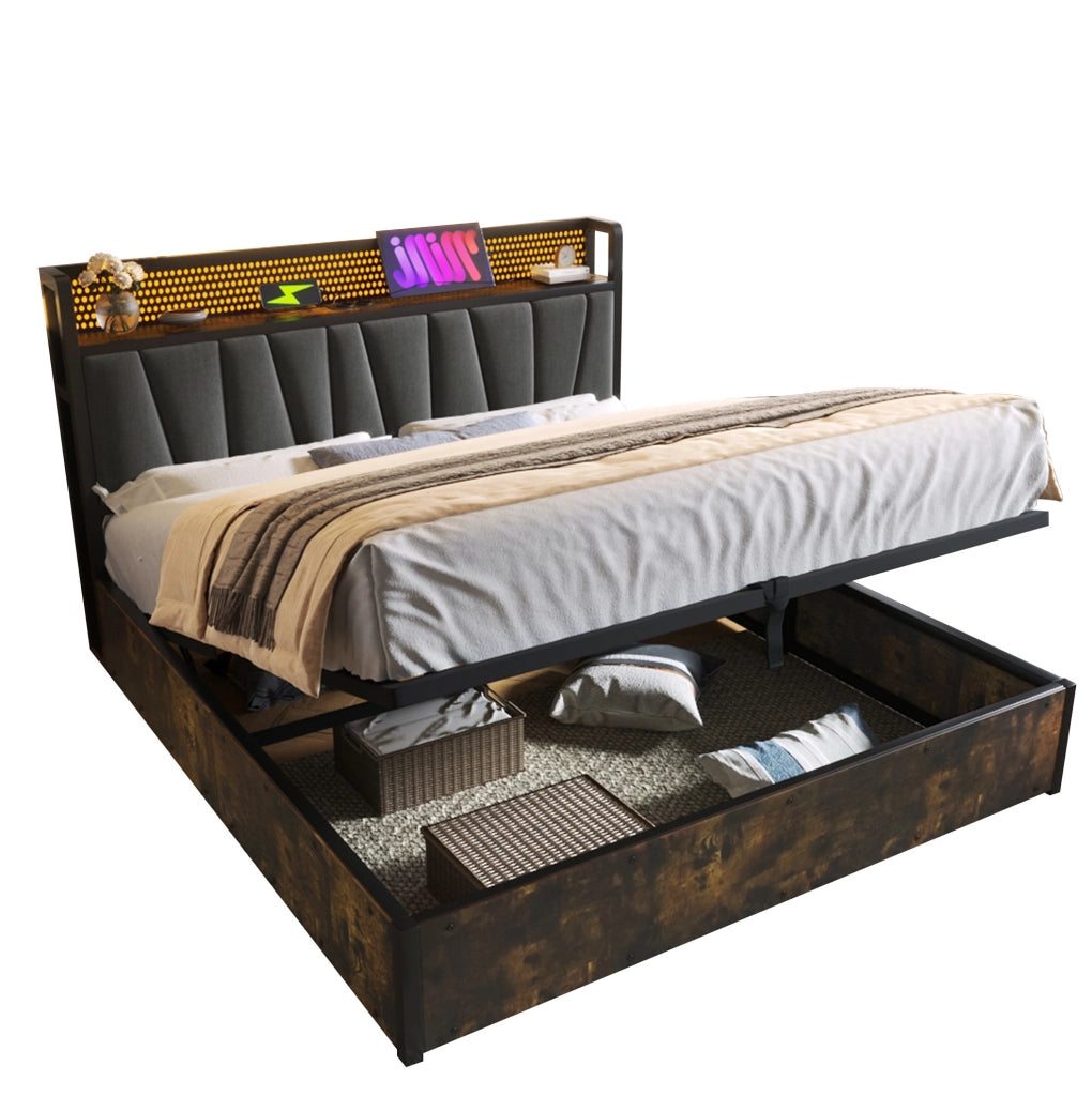 Letto matrimoniale in metallo con LED RGBW, USB e contenitore