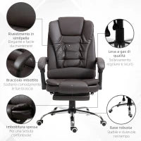 Poltrona da Ufficio Reclinabile in stile Presidenziale con Poggiapiedi, 64.5x69x109-117 cm, color Caffè