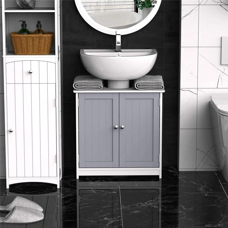 MOBILE SOTTO LAVABO A U 2 ANTE CON MENSOLA REGOLABILE 60X30X60CM BIANCO E GRIGIO
