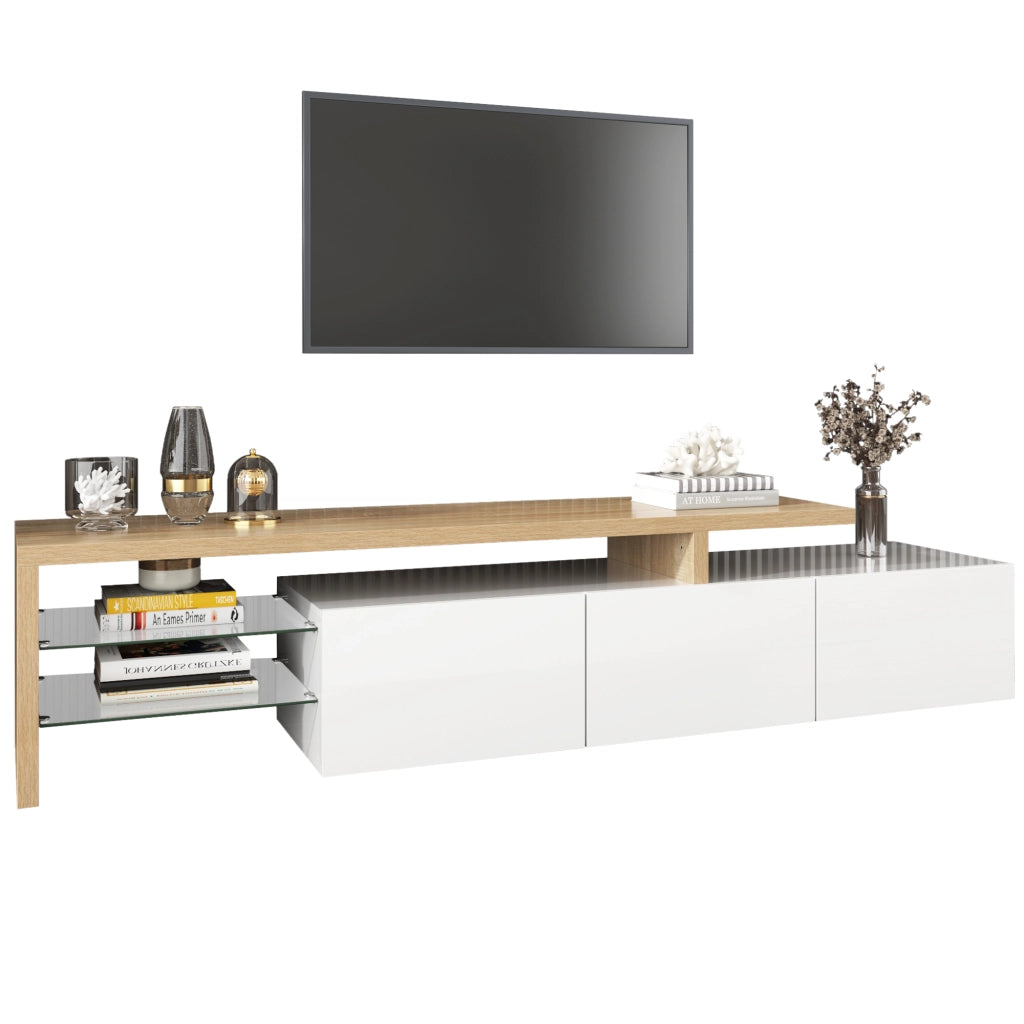 Mobile TV con 3 Ante; Ripiani in Vetro e LED controllato da App per Soggiorno; 197.5 × 39 × 42 cm