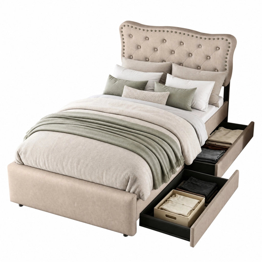 Letto con cassetti 90 × 200 cm imbottito con testiera regolabile e borchie decorative in lino e MDF beige scuro