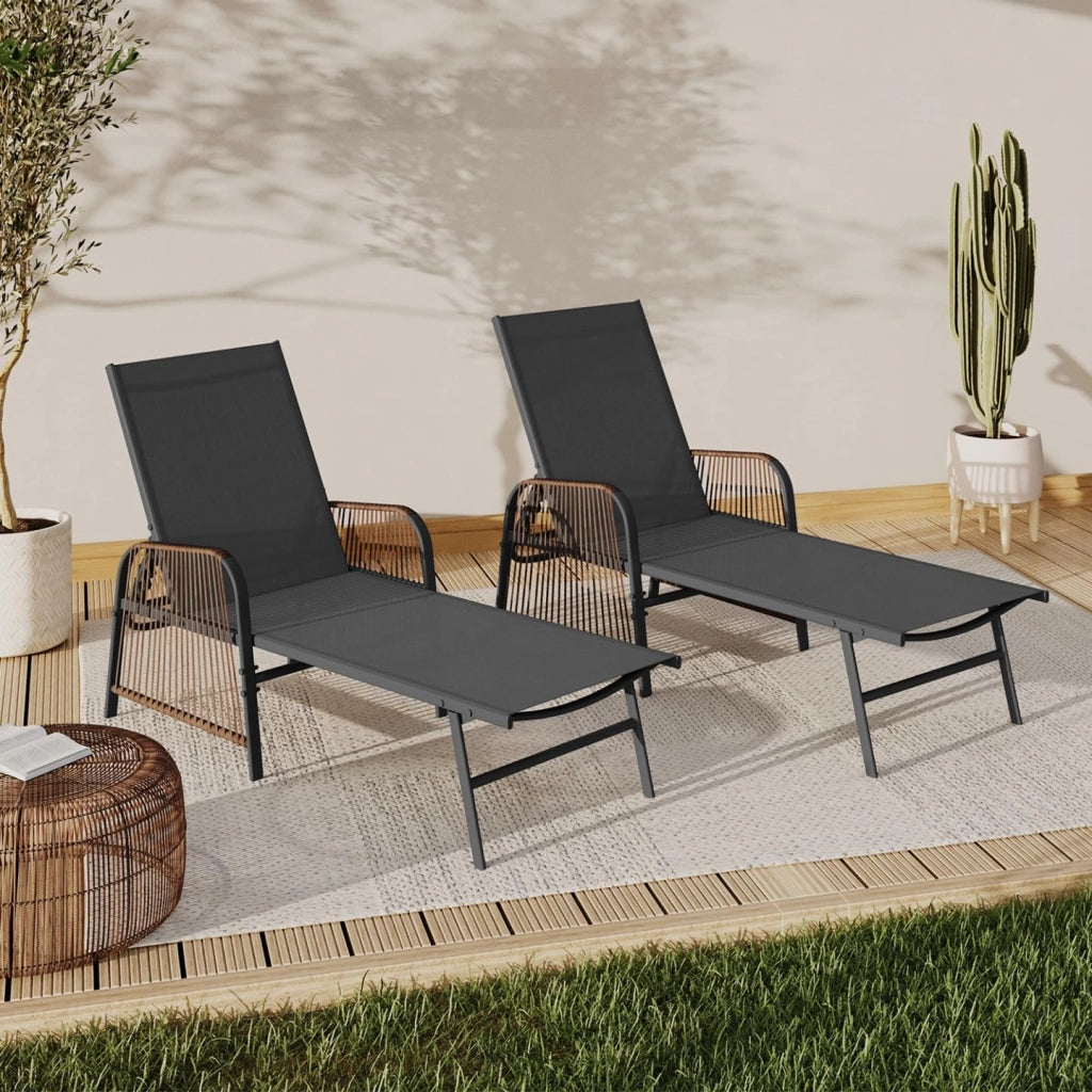 Set di 2 lettini da Giardino reclinabili Rio in Acciaio Grigio Antracite, Corda in Rattan con braccioli e Tela Grigia