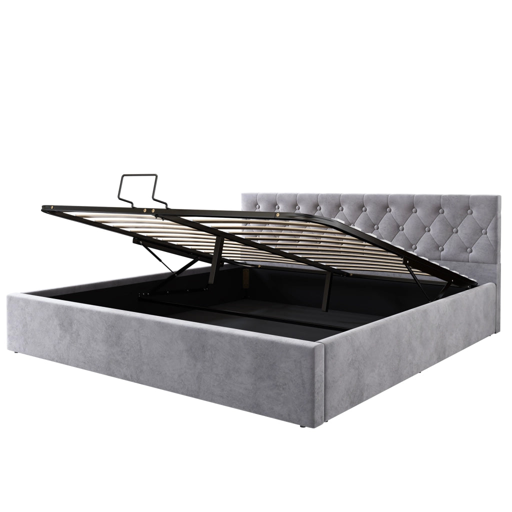 Letti contenitori 180x200 cm contenitore idraulico; testiera capitonné; velluto grigio (Senza materasso)