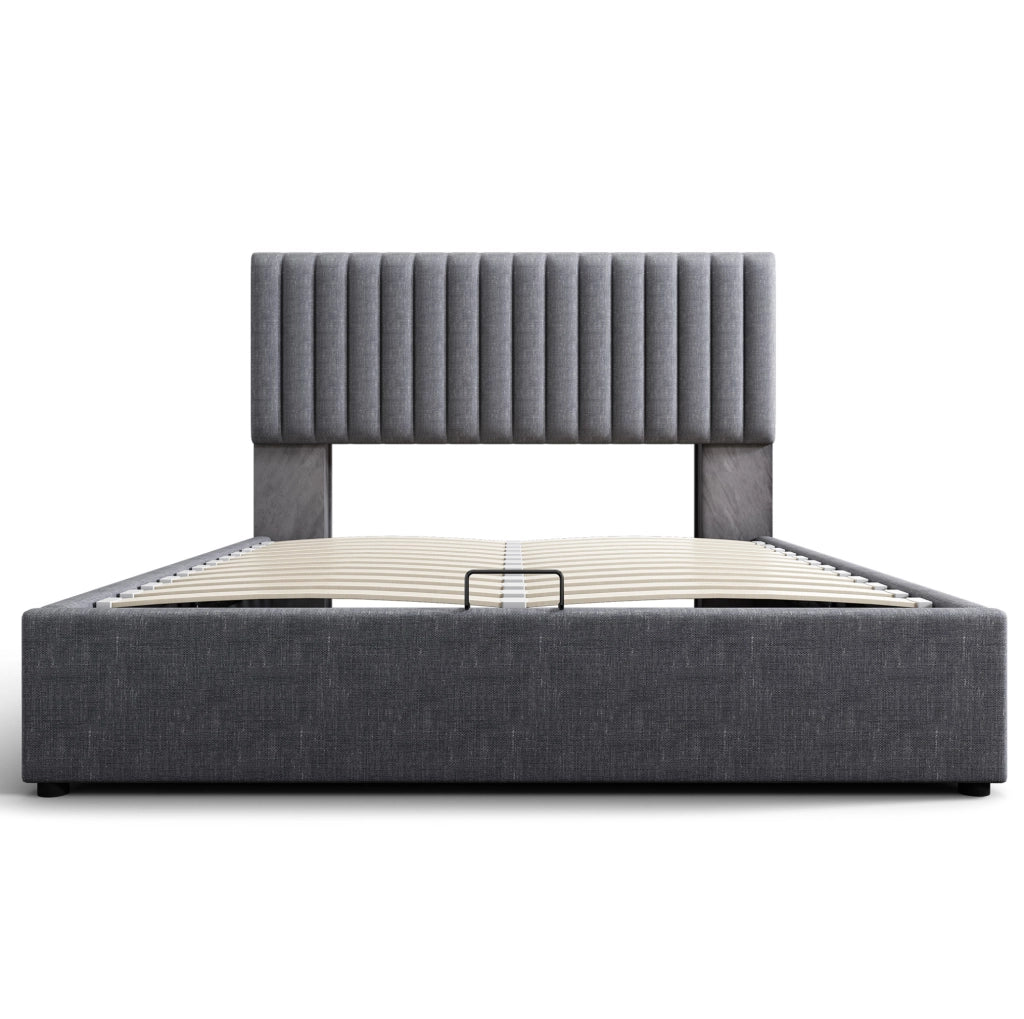 Letto matrimoniale imbottito 160x200 cm con contenitore; LED controllato da app; grigio in lino