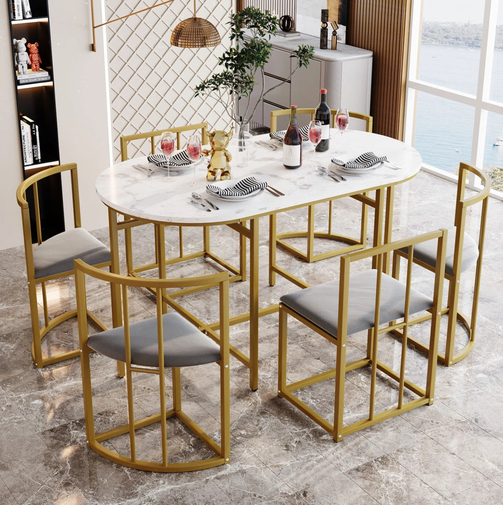 Set tavolo da pranzo; 6 sedie; struttura in ferro dorato; MDF; oro