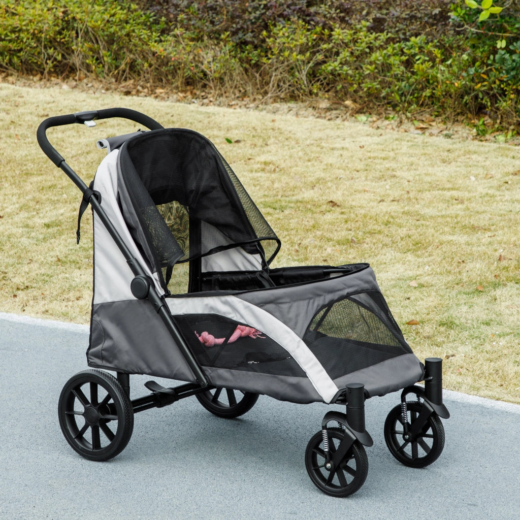 Carrello pieghevole per cani grandi fino a 30 kg con finestre in rete, ruote rimovibili, poliestere grigio scuro
