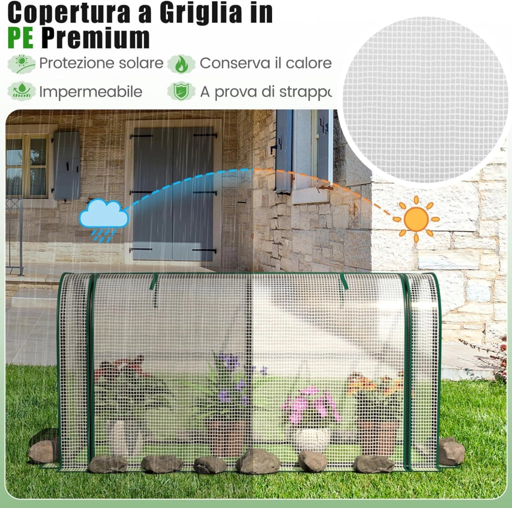 Mini Serra 118 x 55 x 60 cm, Serra con Copertura Impermeabile e Protettiva dal Sole in PE, Struttura Metallica Resistente alla Ruggine e Porta con Cerniera Arrotolabile (Bianco)