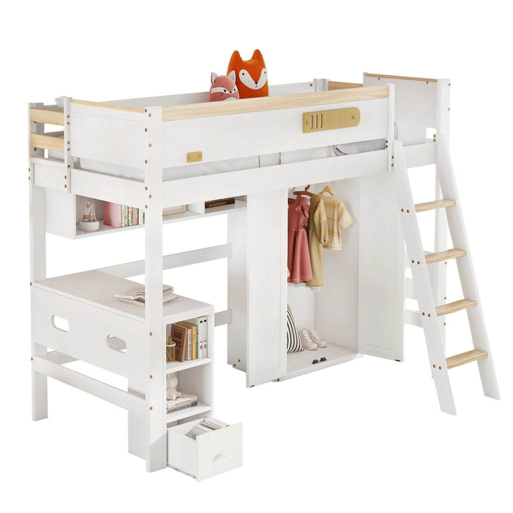 LETTO A CASTELLO con scrivania e armadio 90 x 200 cm bianco naturale