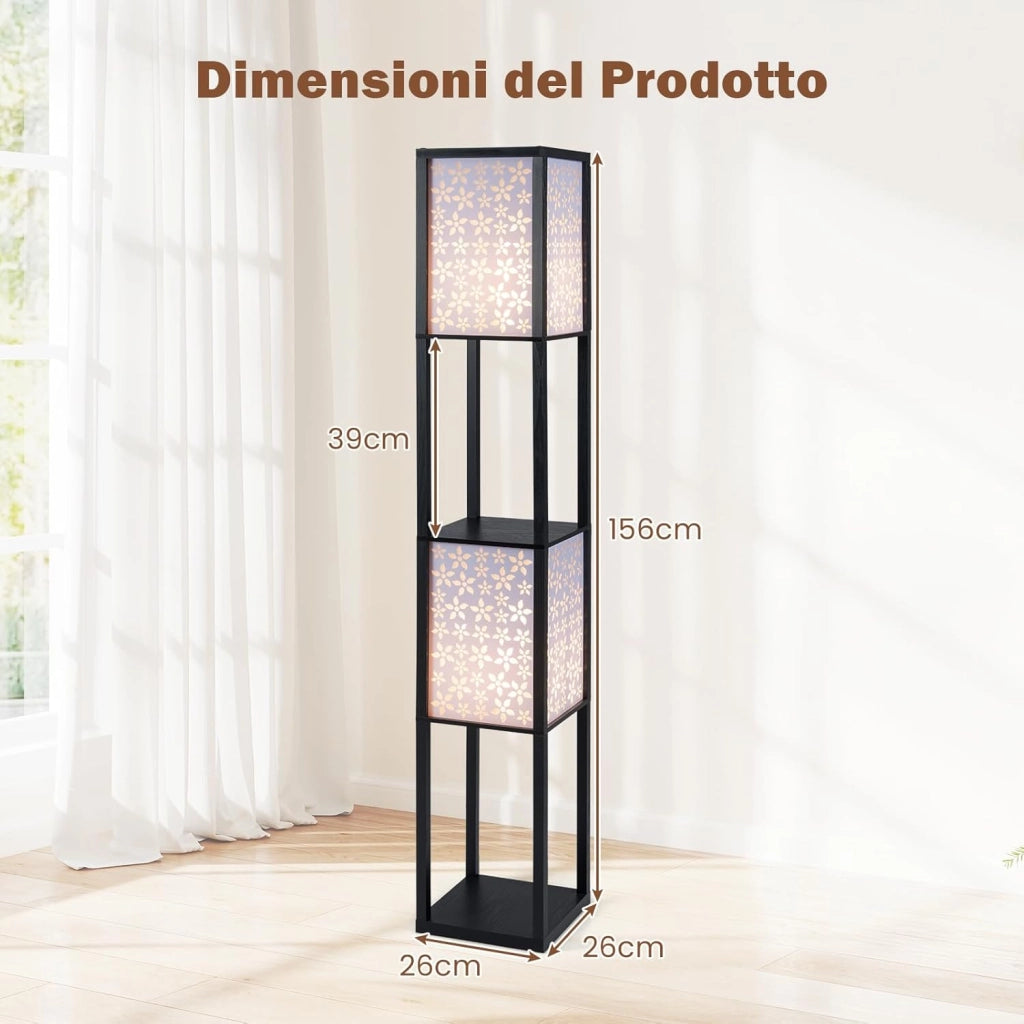 Lampada da Terra a 2 Luci con Mensole, Lampada a Stelo con 2 Paralumi Traforati, Catena a Strappo e Interruttore a Pedale, Richiede Lampadine E27, per Salotto e Camera da Letto (Fiori)