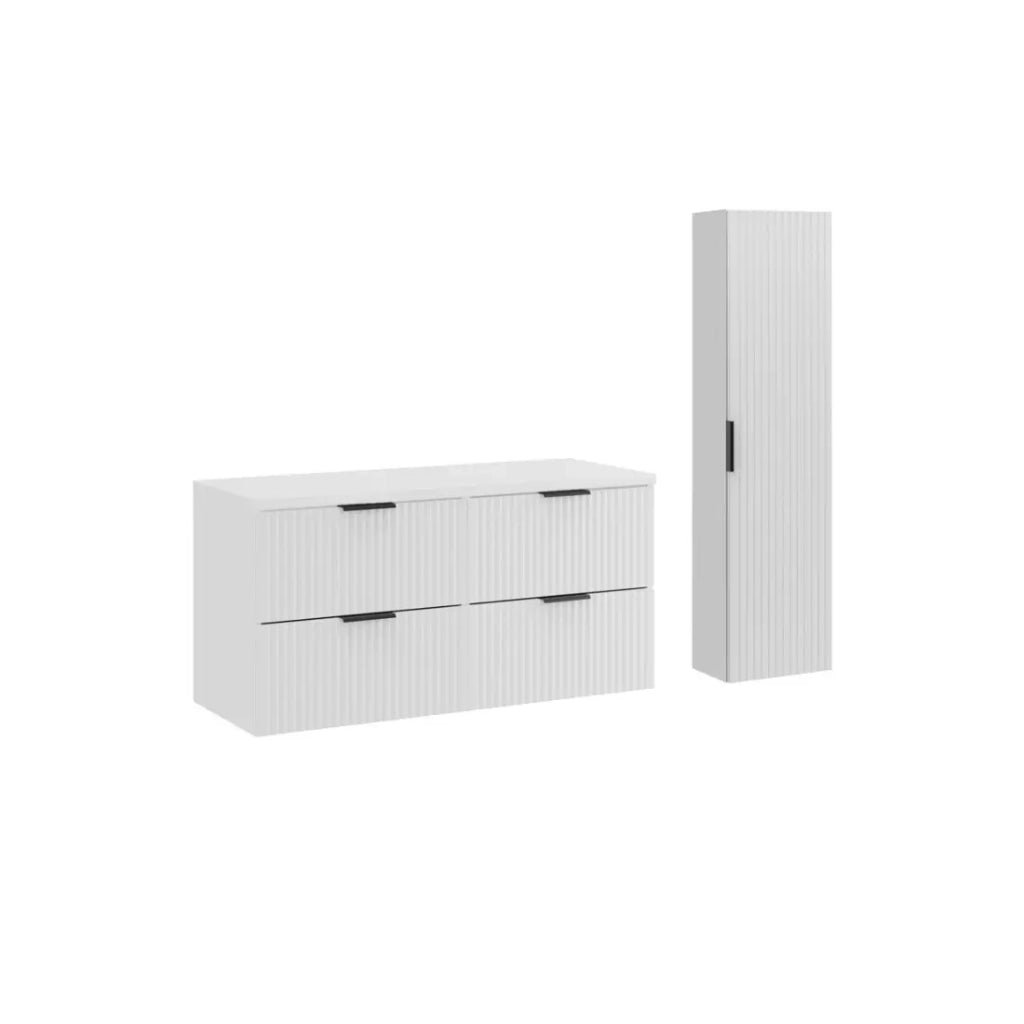 Set da bagno NOXERA 120 cm – Mobile sottolavabo sospeso bianco opaco con piano per lavabo e colonna