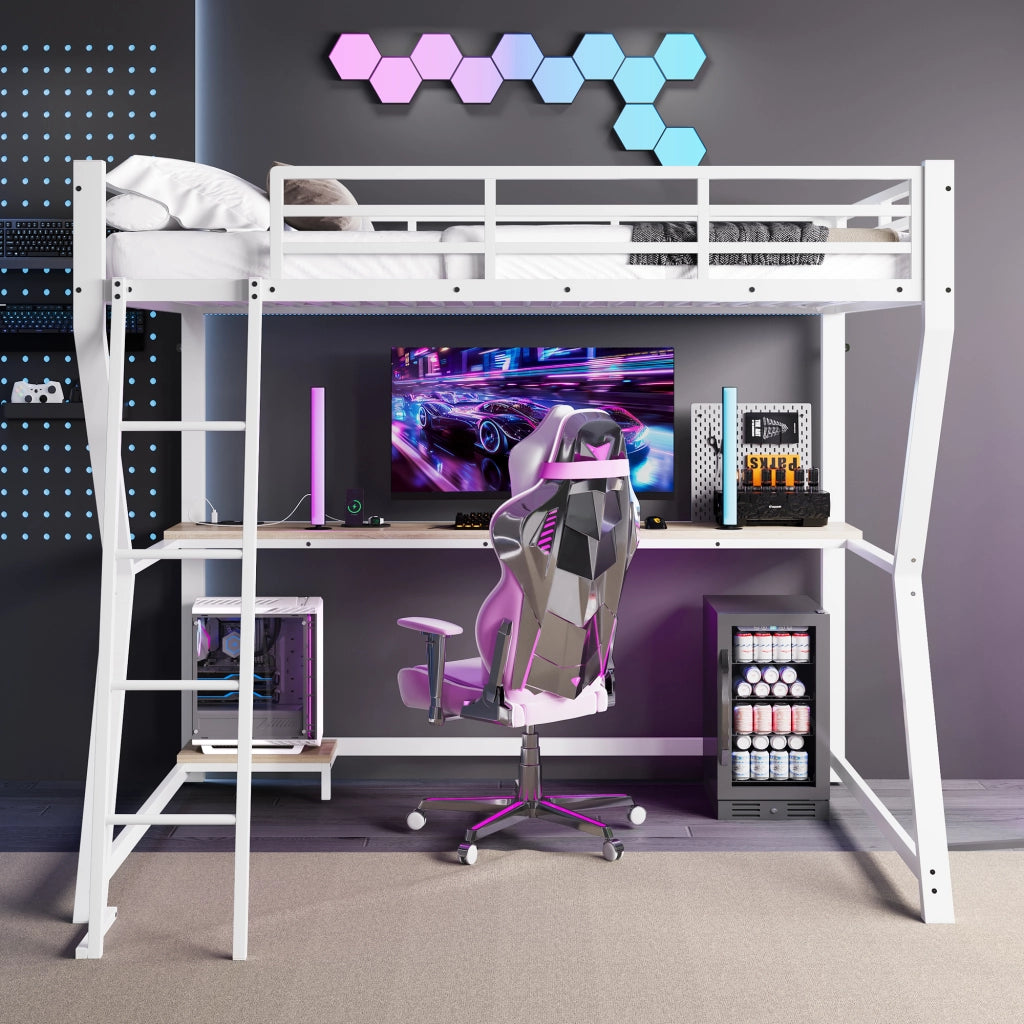 Letto a castello bianco in metallo con funzione led scrivania e vano per pc 90x200 cm