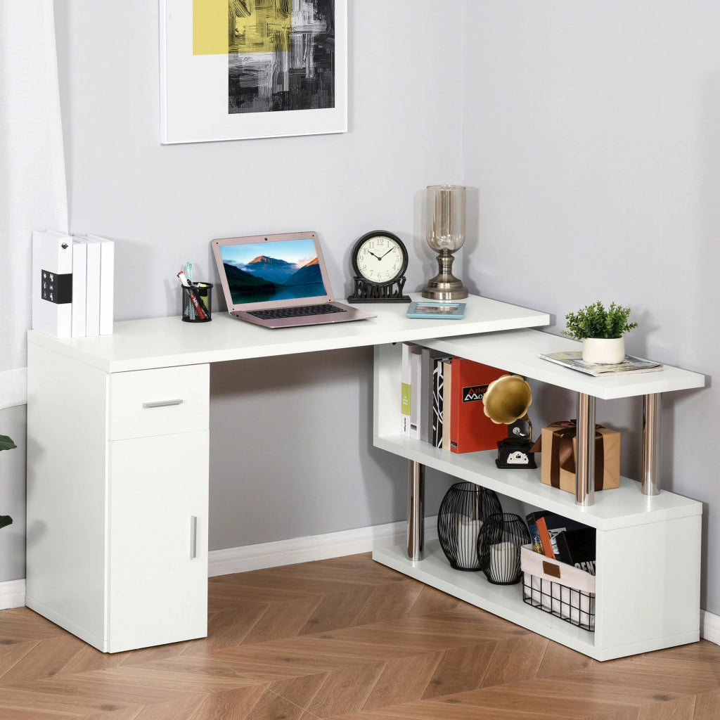 Scrivania Angolare Moderna in Legno con Cassetto, Armadietto e Mensole, Arredamento per Ufficio e Casa, Bianco