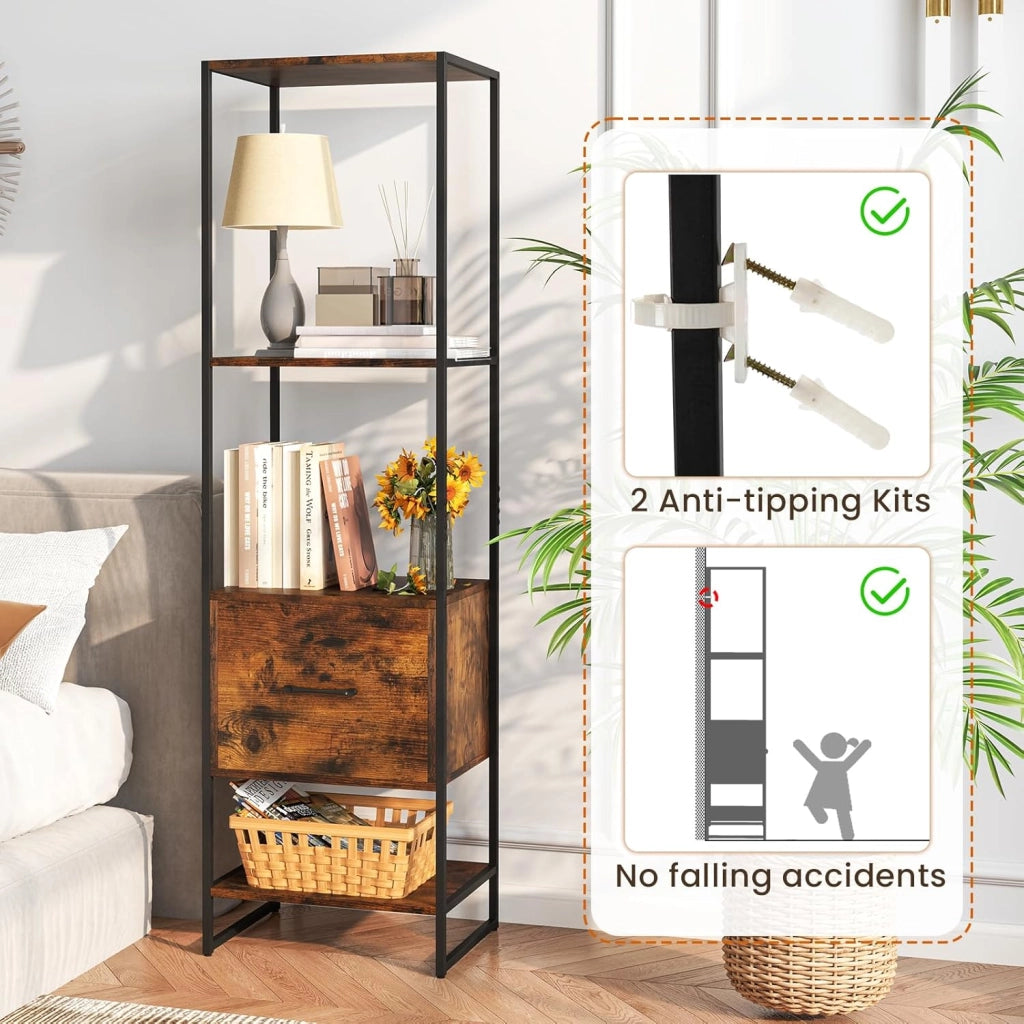 Scaffale a 5 livelli, libreria con 4 ripiani aperti e 1 cassetto, con kit antiribaltamento, 45 x 35 x 160 cm, scaffale portaoggetti per soggiorno, camera da letto, ufficio (marrone)