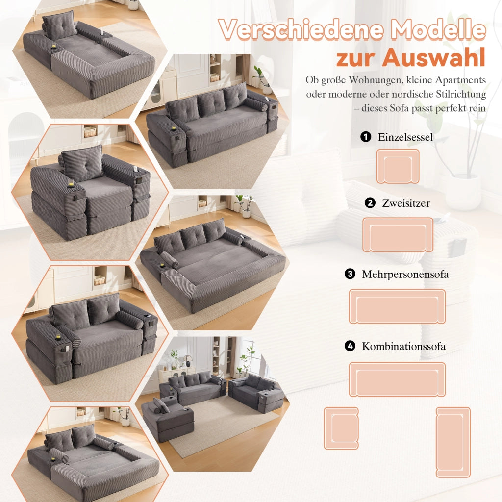 Divano convertibile in corduroy con tasche laterali e portabicchieri schienale in memory foam grigio scuro 122 × 98 × 80 cm