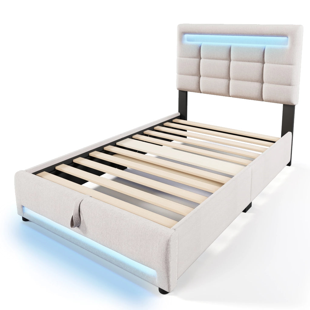 OKWISH Letto Singolo 90×200 cm con Contenitore, LED 16 Colori, USB e Controllo tramite App, senza Materasso, in Lino, Beige