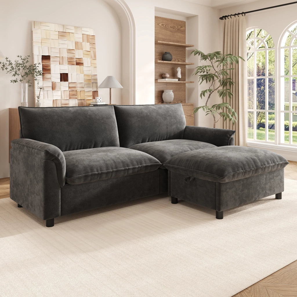 Divano modulare con pouf contenitore funzione letto temporaneo schienale alto in chenille nero 216 × 77 × 82 cm