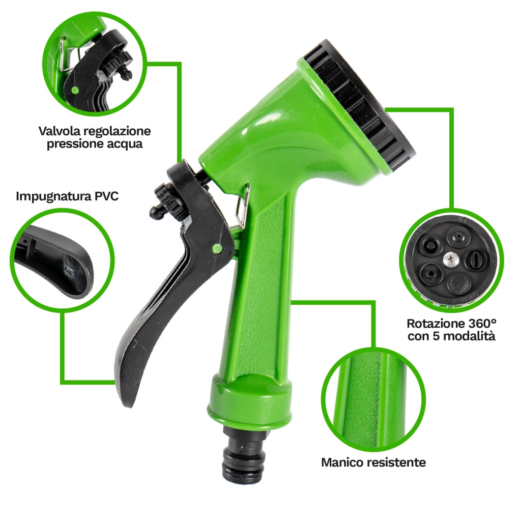 Tubo Irrigazione Spiralato con Pistola Multifunzione 7,5 / 10 / 15 m Estensibile da Giardino con Raccordi Rapidi 7.5 Metri