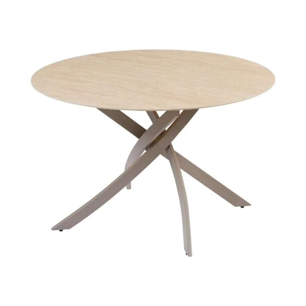 Tavolo da pranzo rotondo ARAVIS 120 cm - Ceramica beige effetto pietra e gambe design marrone