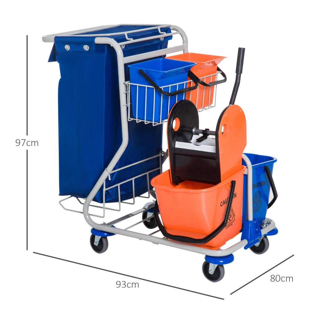 Carrello per pulizie professionale con 4 secchi, pressa mop, sacco rifiuti e ruote, blu, 93 x 80 x 97 cm