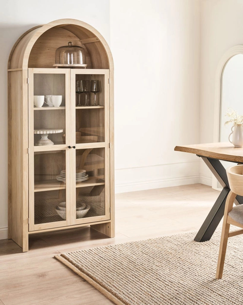 Mobile decorativo in truciolato marrone chiaro con ripiani e display in vetro Sala da pranzo Cucina