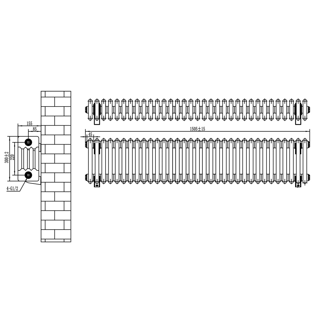 Radiatore Tradizionale 4 Colonne Orizzontale Nero & Valvole 300 x 1505 mm