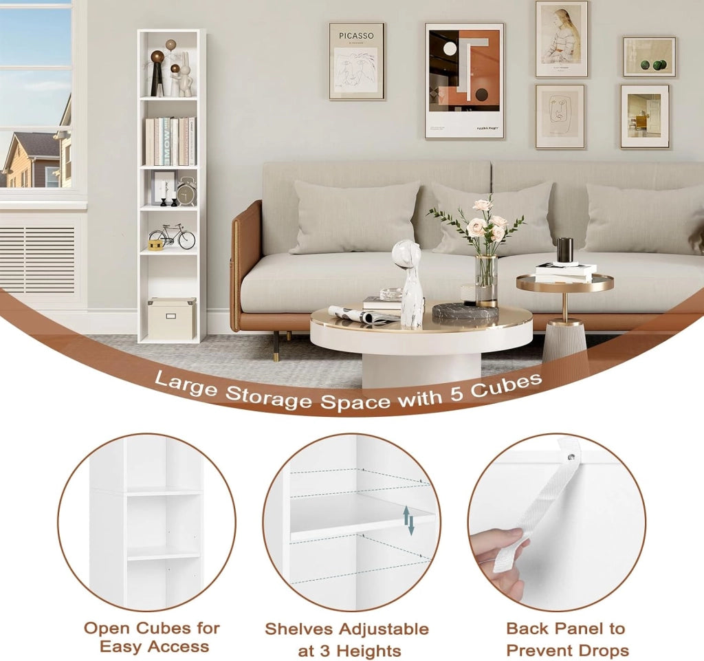 Libreria a 5 Scomparti Aperti, Libreria Verticale a Colonna, Scaffale Angolare Autoportante, per Soggiorno, Ufficio e Studio, in Truciolare, Bianco, 30x26x151cm, SK034ws
