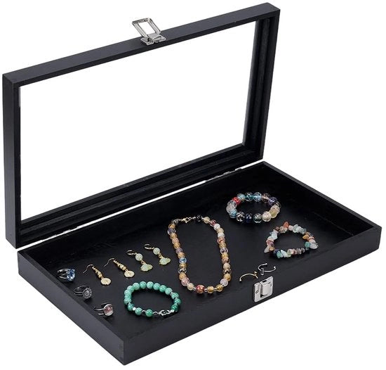 Cassettiere per Collane - Cassa per Collane in Legno - Cassa per Collane - Scatola per Collane - Display per Collane - Nero - Spazio di Visualizzazione Ampio 38 x 22 x 5,7 cm - Scatola per Collane