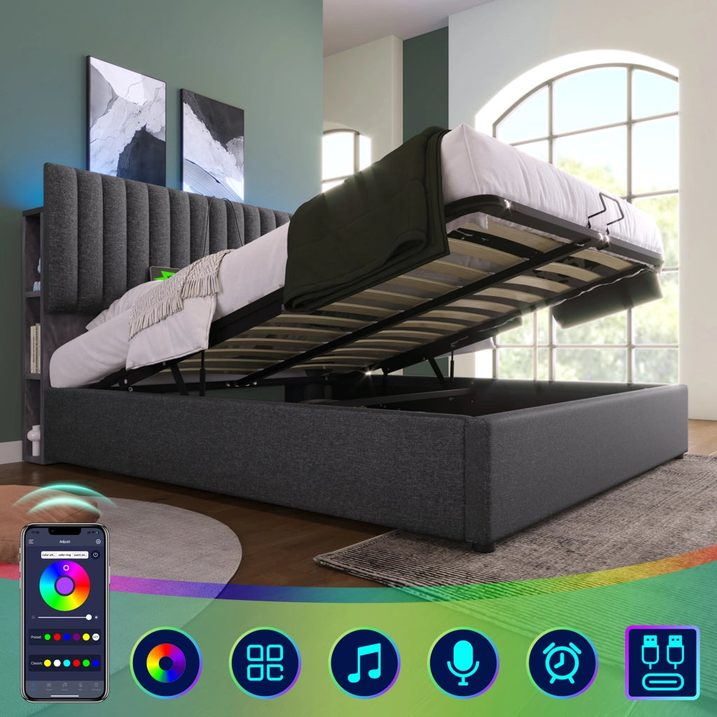 LETTO Contenitore 140x200 cm Grigio in Lino con LED, USB e Type C