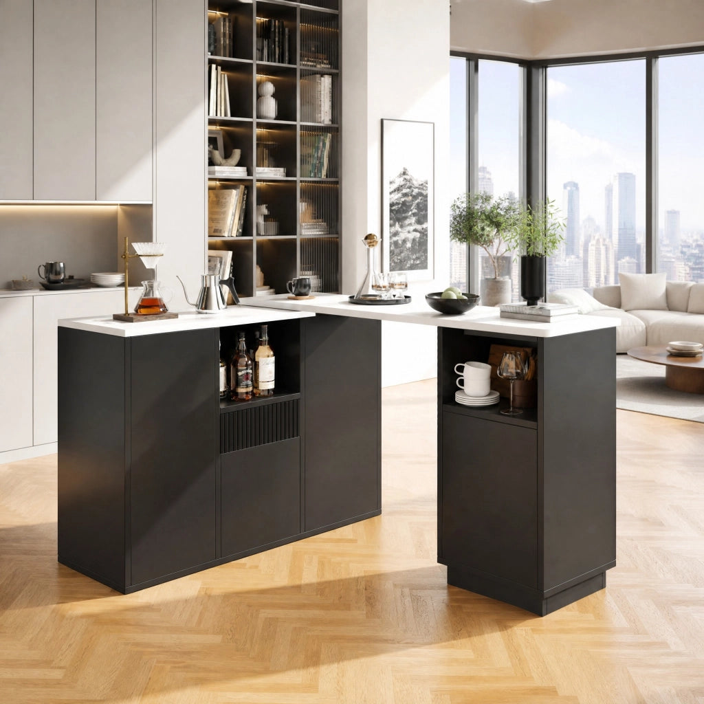 Mobile bar girevole a 360° con struttura a L e lineare piano effetto marmo vani aperti e chiusi in MDF nero