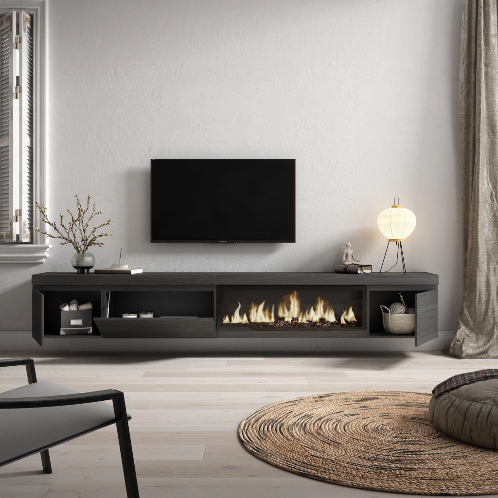 Mobile TV Soggiorno, 288x35x45cm, TV di grande formato, Camino elettrico XXL, da appendere, Nero RF3611