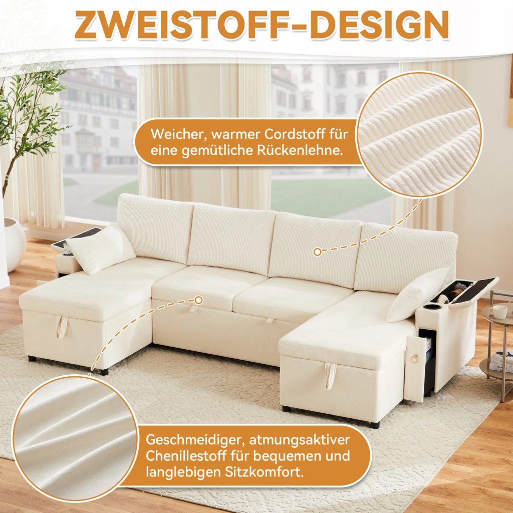 DIVANO LETTO modulare a U 272x131x84 cm Beige in Chenille e Corduroy