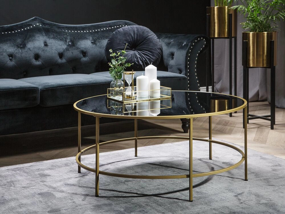 Tavolino da Caffè Piano in Vetro Nero Struttura in Metallo dorato Rotondo 88 cm Glam