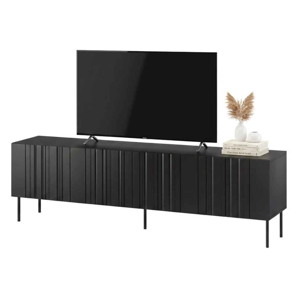 Mobile porta TV Sospiro, Madia da salotto con quattro ante battenti e quattro vani interni, Rialzato da terra, 201x42 h60 cm, Nero