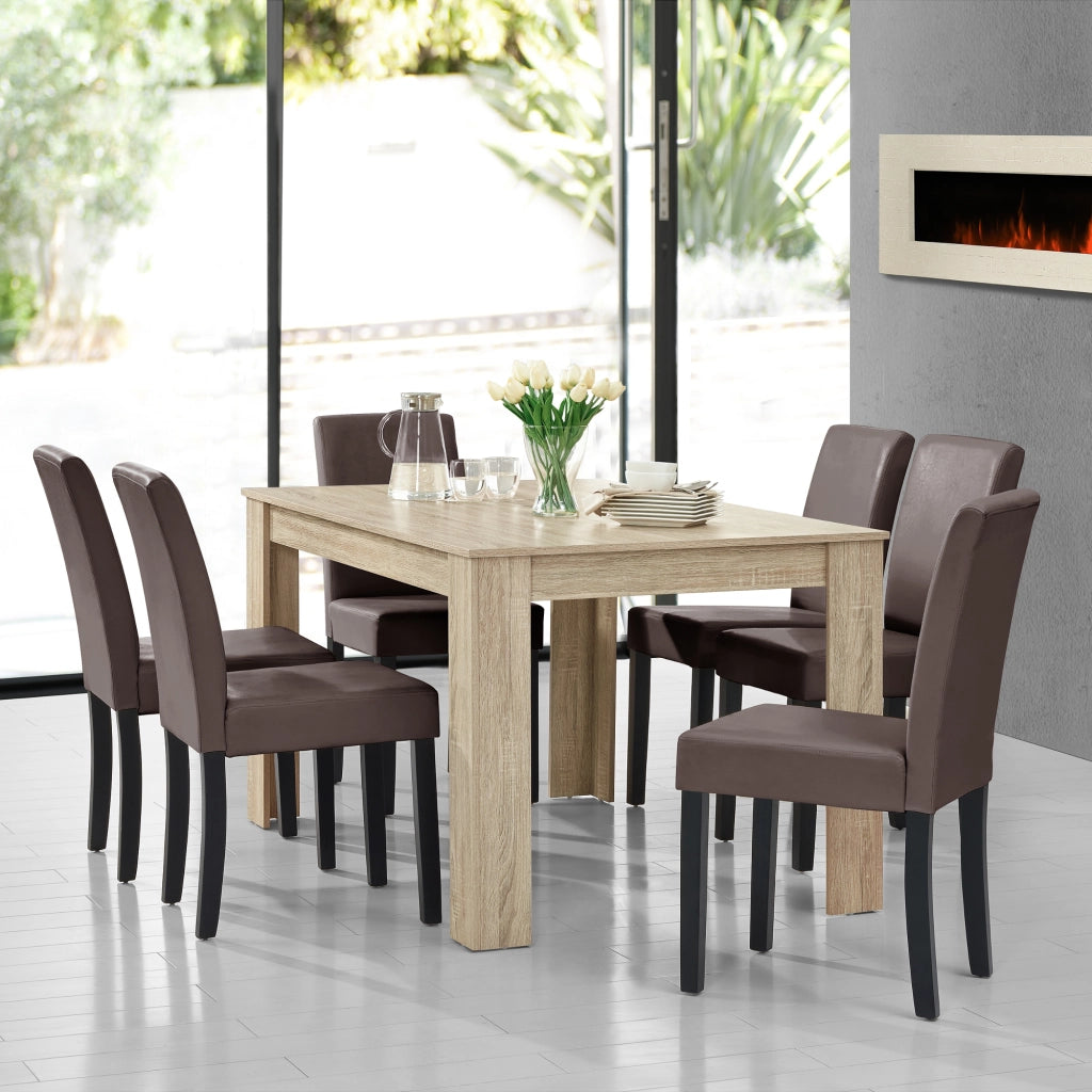 Set Pranzo con Tavolo 140x90 cm e 6 Sedie in Similpelle - Effetto Rovere Chiaro / Marrone [en.casa]