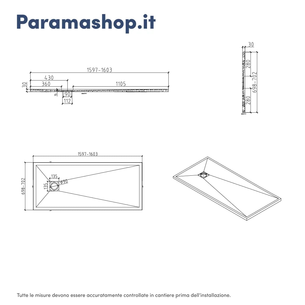 Piatto doccia rettangolare 70x160 cm in marmoresina bianco effetto pietra h3 cm | Milos