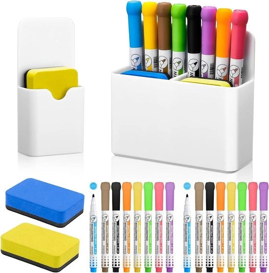 Set di pennarelli magnetici con 16 pennarelli e scatola di conservazione - tenitori di pennarelli magnetici - scuola ufficio - colore bianco