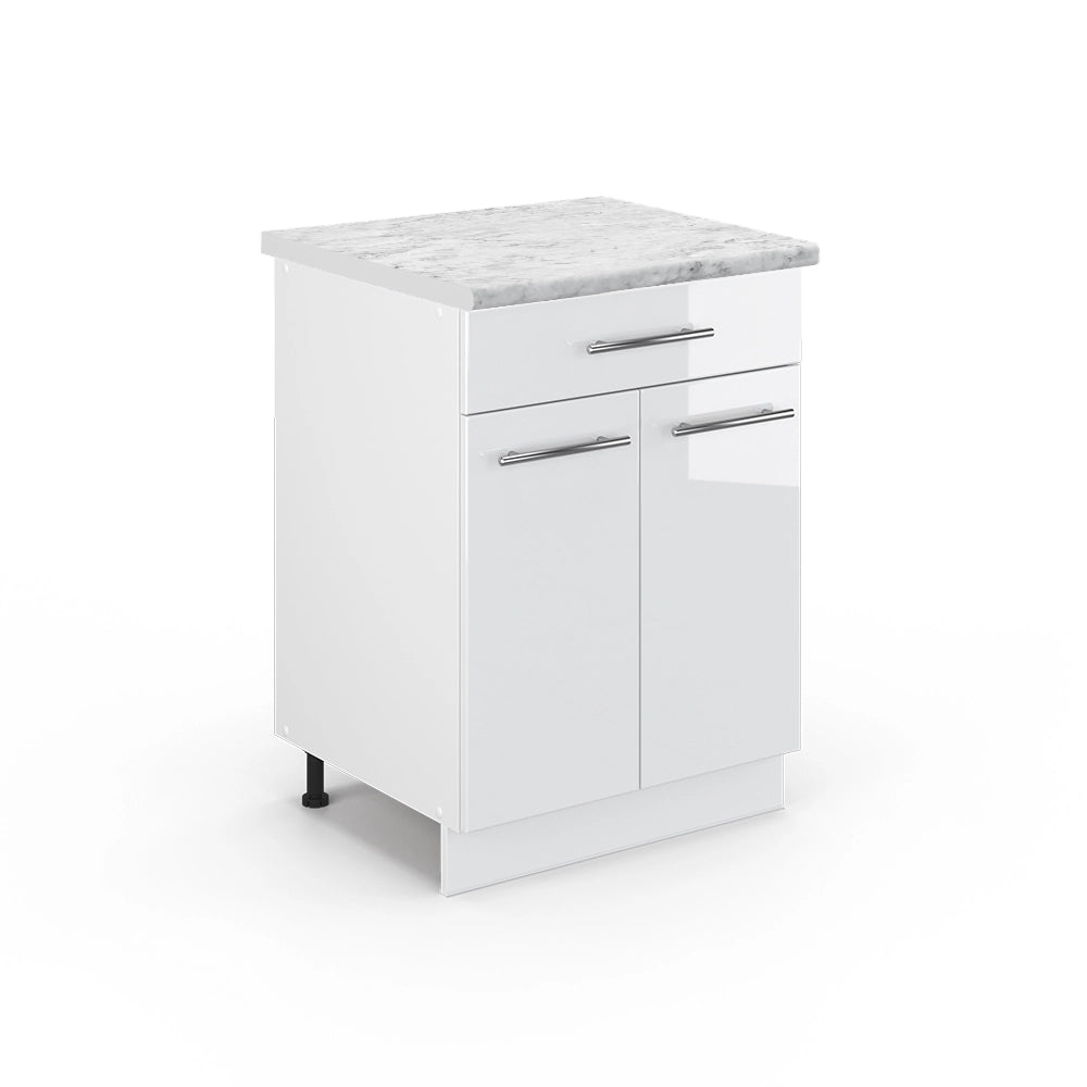 Mobiletto base per cucina Fame-Line Bianco lucido/Bianco 60 cm con cassetto, PL Marmo Vicco