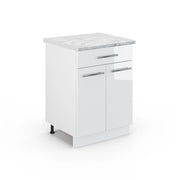 Mobiletto base per cucina Fame-Line Bianco lucido/Bianco 60 cm con cassetto, PL Marmo Vicco