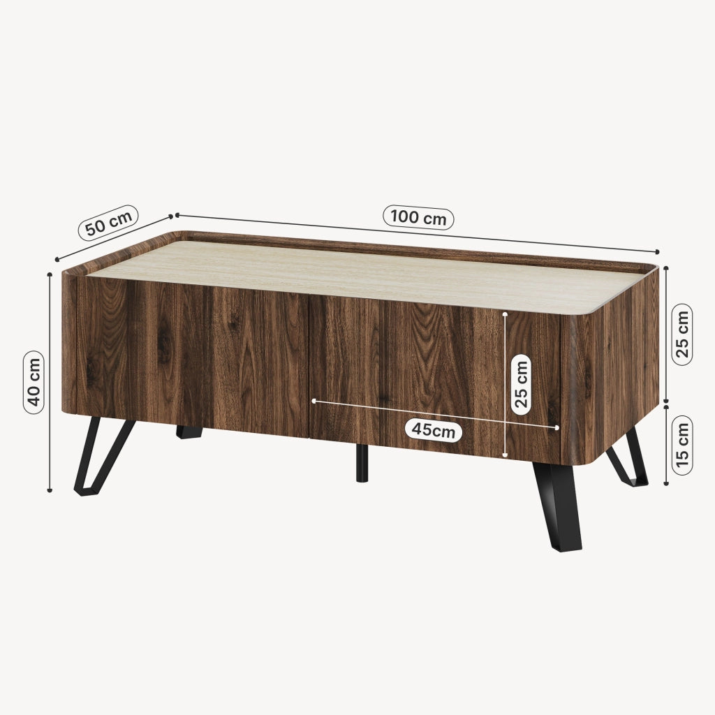 Tavolino da Salotto Trorlon con 2 Cassetti 100x50x40 cm - Effetto Noce/Travertino [en.casa]