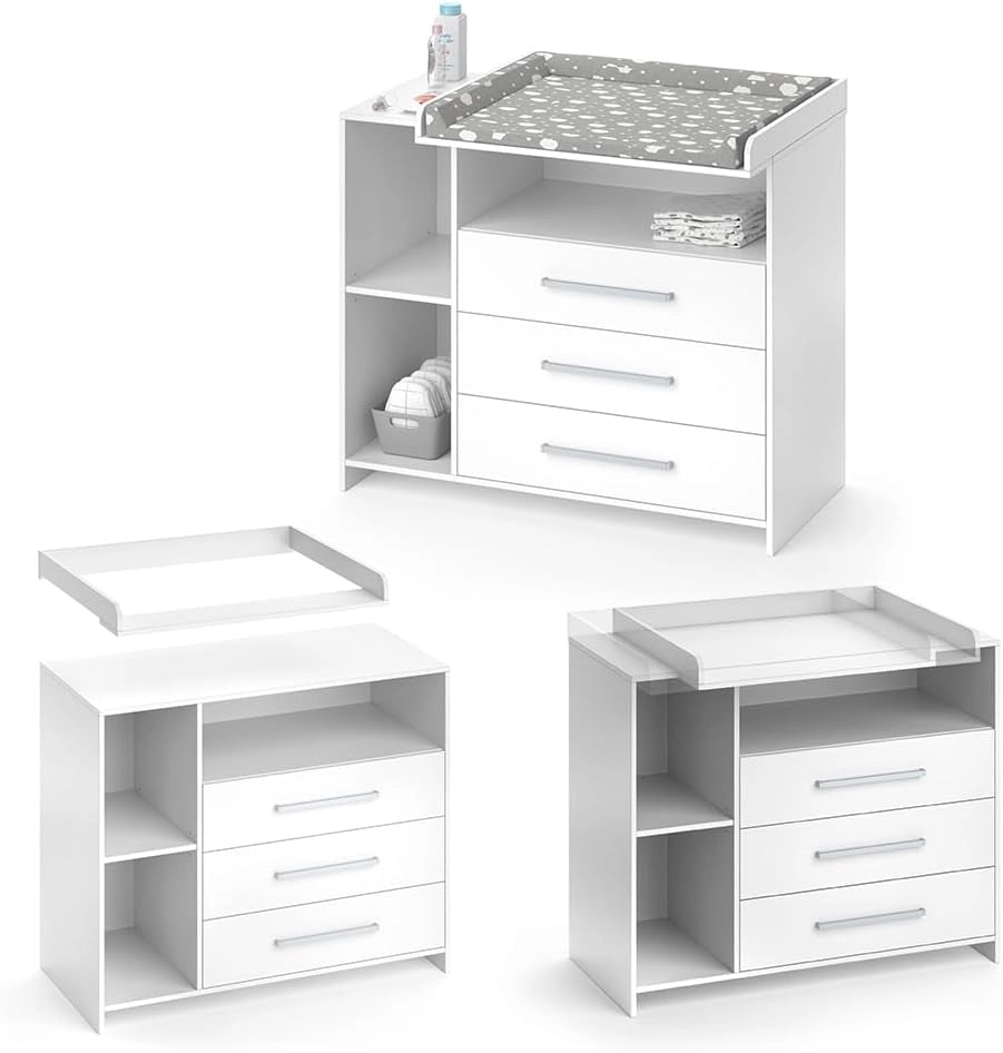 Fasciatoio Oskar, Bianco, 113 x 100 cm con 3 ampi cassetti, convertibile in cassettiera grazie al fasciatoio rimovibile