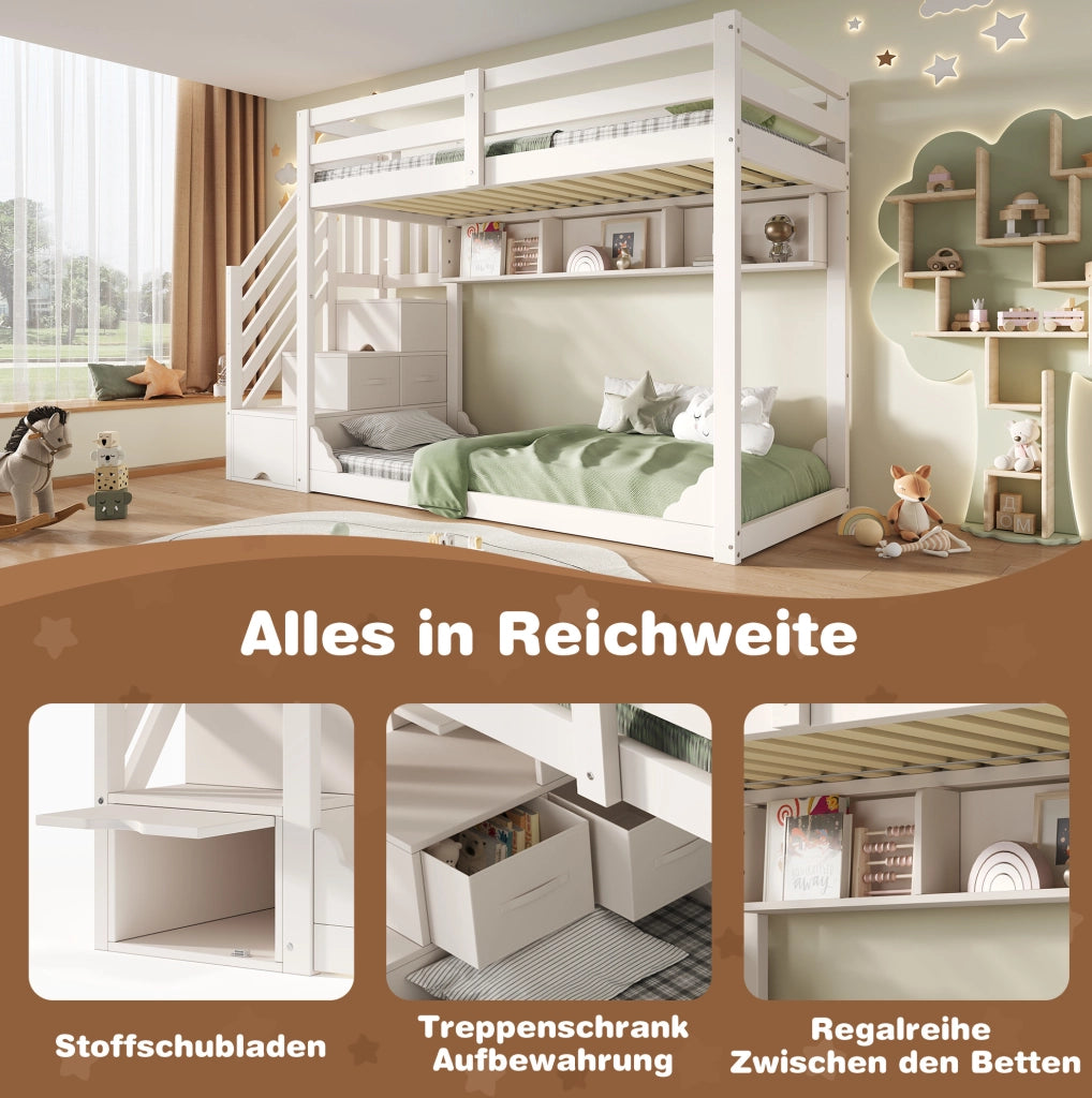 Letto a castello per bambini 90x200 cm bianco con scala contenitore e ripiani integrati