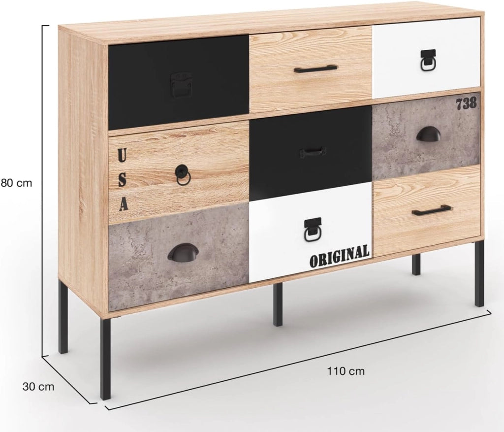Credenza a 3 ante e 3 cassetti 110 cm SACRAMENTO design industriale