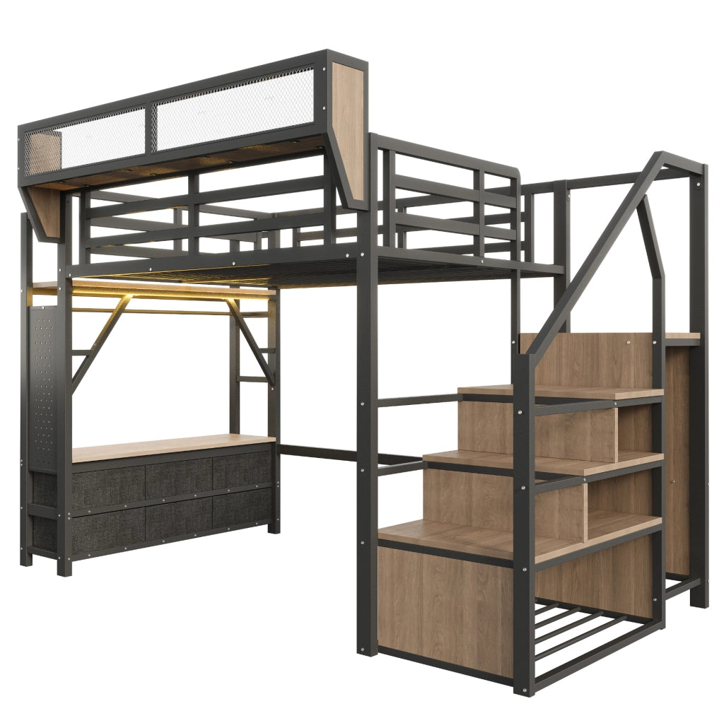 Letto a soppalco in metallo 140x200 cm con LED; ripiani; ganci e scale contenitore; nero