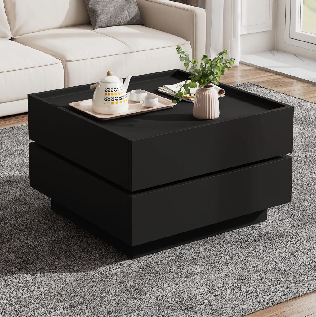 Tavolino nero 60x60x38 cm girevole a 360° con 2 cassetti e vano