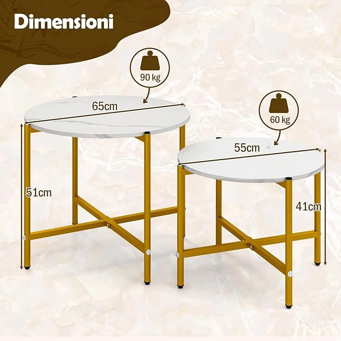 Set di Tavolini da Caffè Rotondi da 2 Pezzi, Tavolini Impilabili con Struttura in Metallo Robusta e Piedini, Ideale per Soggiorno, Ufficio e Balcone