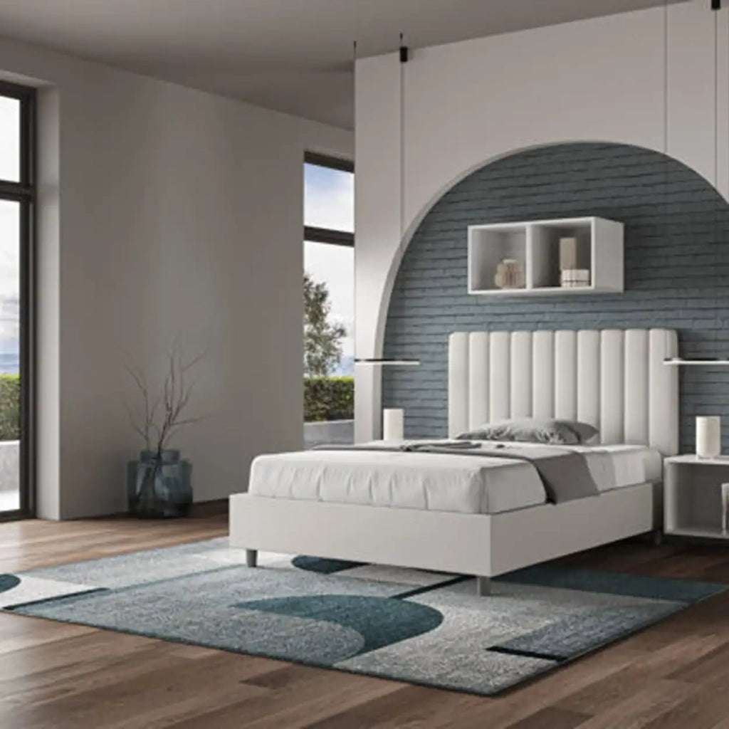 Letto matrimoniale francese con rete imbottito 140x200 similpelle bianco Agueda